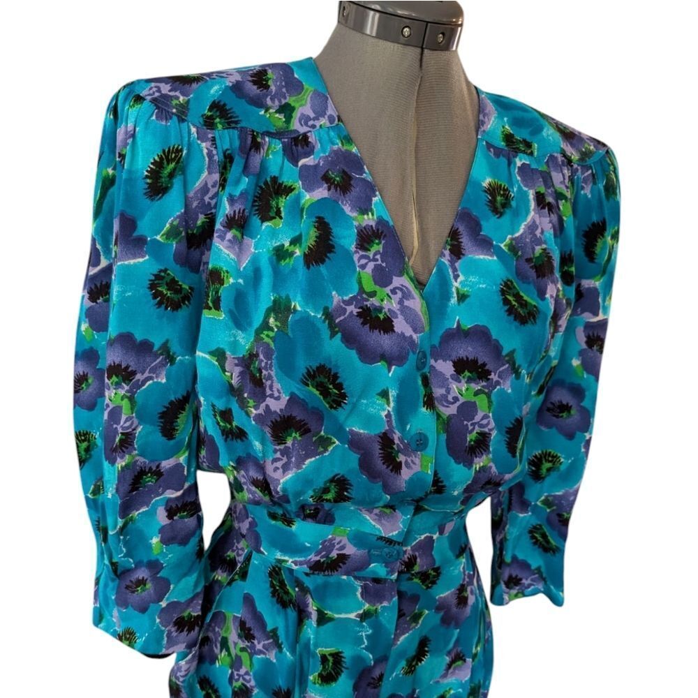 Women's 80s Vintage Blue Floral Print Jumpsuit Size 6